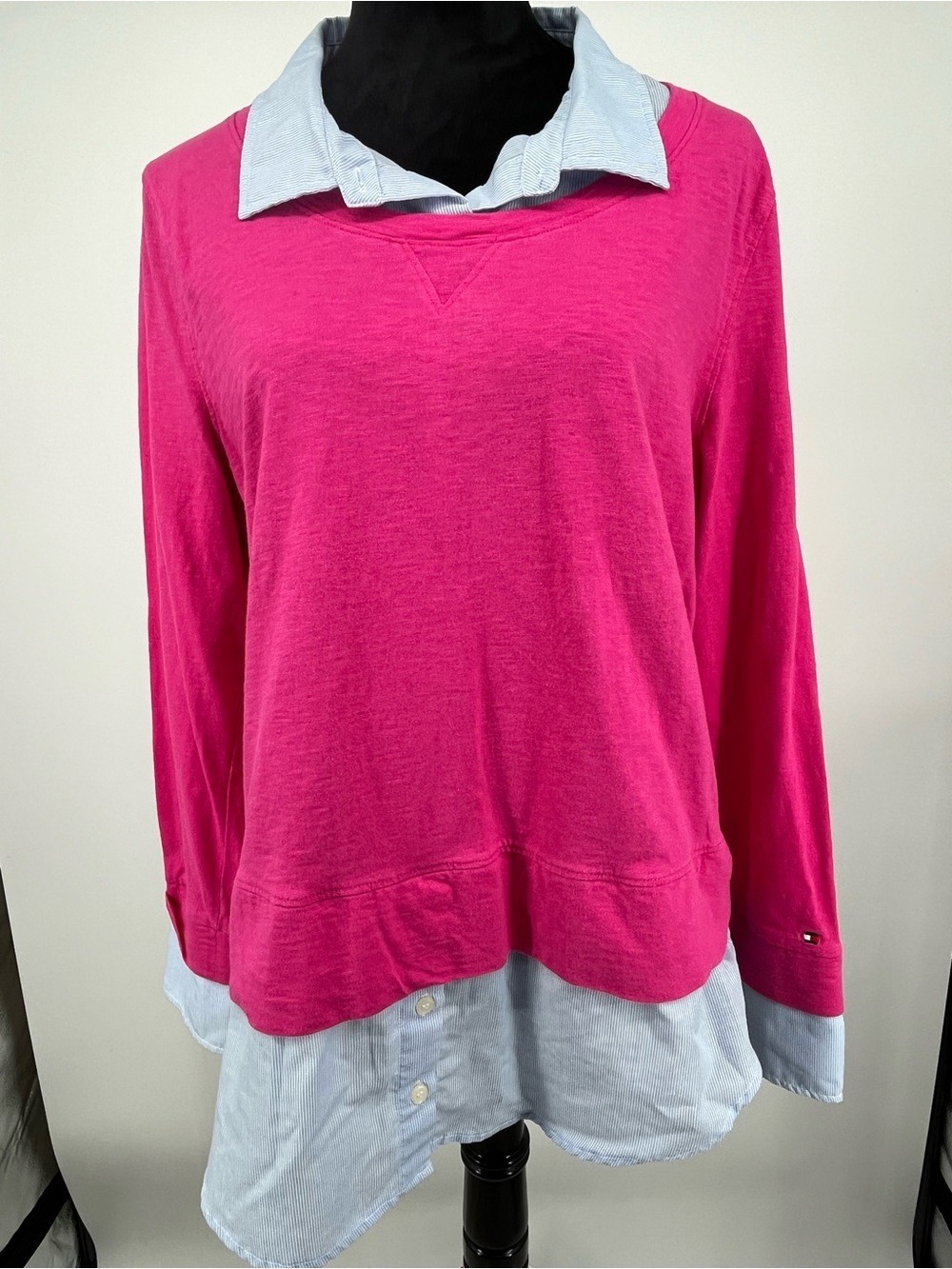 Tommy Hilfiger Bright Pink Layered-Look Top with Light Blue Chambray Trim